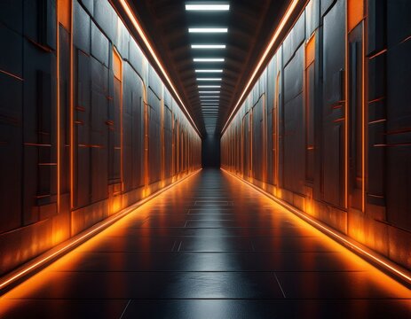 long dark concrete tunnel corridor with warm orange strip lighting along the floor and vertical accents creating a futuristic perspective