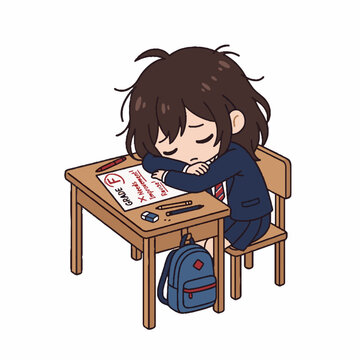 Sad chibi student girl sleeping on desk with failing grade paper.