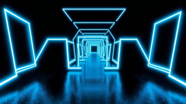 Futuristic neon blue light tunnel with geometric shapes and reflections