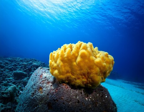 natural yellow sea sponge sitting on a rock near blue ocean water