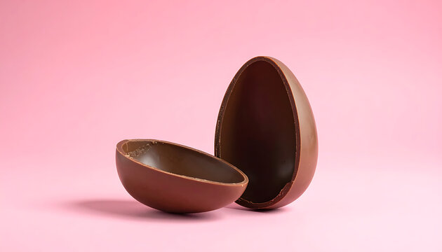 Hollow chocolate easter egg, one half broken open, on a pastel pink background, studio lighting