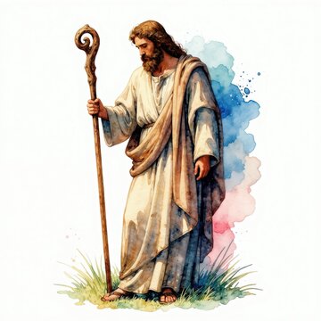 Watercolor illustration of a man with a beard holding a staff. He wears a robe and sandals, standing on grass. Colorful abstract splashes are behind him.