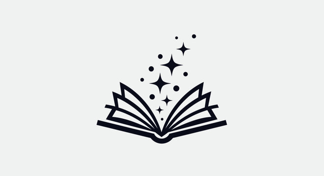 Minimalist icon of an open book with magical sparkling dust.