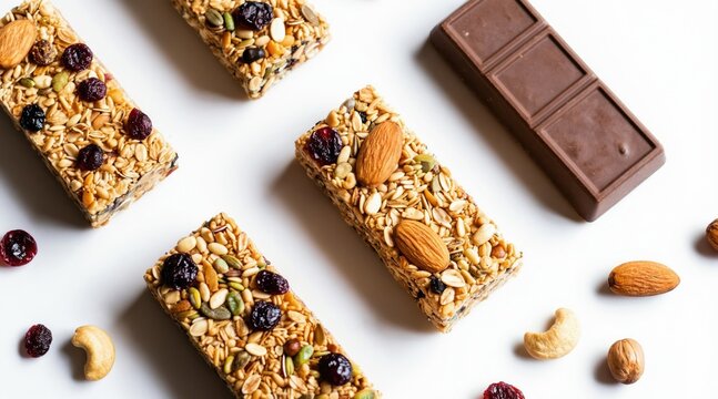 Variety of healthy granola bars with nuts and dried fruits arranged on white surface. Chocolate bar nearby offers sweet treat. Nutritious snack choices for breakfast or energy.