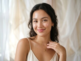 Naklejka premium Portrait of a radiant young woman with a natural smile, exuding serenity and confidence. Her delicate necklace adds a touch of elegance