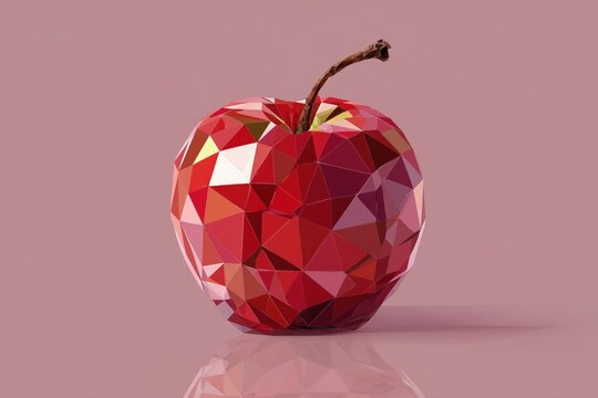 多角形で構成された赤いリンゴの3Dイラスト。デジタルアートやグラフィックデザイン素材に最適な果物の表現
