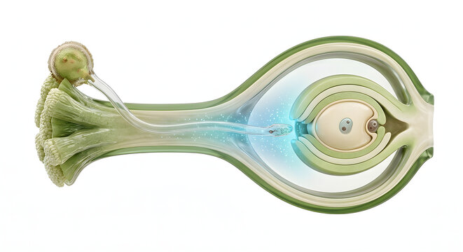 Detailed 3D Scientific Render of Plant Fertilization and Pollen Tube Chemotropism Toward the Ovule