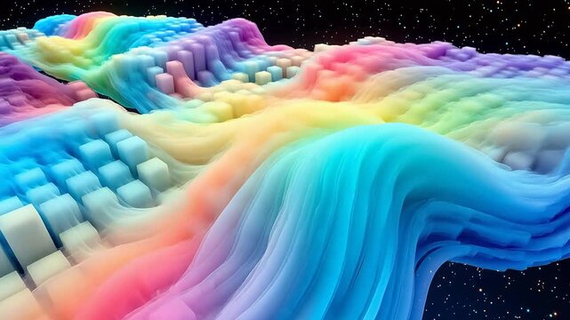 Abstract colorful wave and block patterns in a vibrant gradient, creating a dynamic digital art scene with a cosmic backdrop