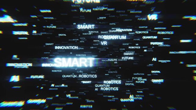 Binary Future Code Data Cloud text Flying Through Digital Space Loop background technology idea concept. Chromatic Aberration Distortion effects.