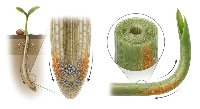 Scientific 3D Illustration of Gravitropism and Cellular Growth in Plant Roots and Shoots