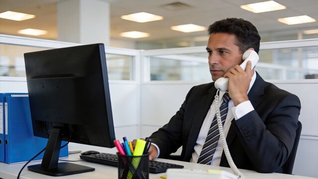 Professional male employee in suit talking on landline phone while working at computer desk in modern open plan office cubicle environment.