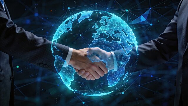 International business partnership handshake over digital globe network symbolizing global cooperation technology connection and worldwide collaboration agreement