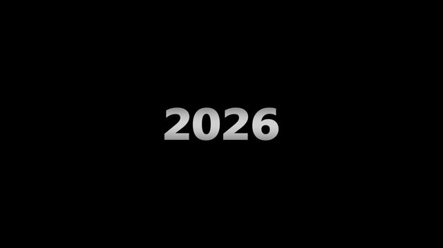 The number 2026 rendered in a metallic silver gradient with a subtle shadow effect, displayed prominently in the center of a solid black background, signifying the year