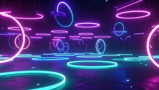 Futuristic room filled with glowing, neon rings of varying sizes and colors, creating a vibrant scene