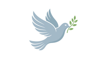 Fototapeta premium A light blue dove flies with an olive branch in its beak against a clean white background with a simple graphic style.