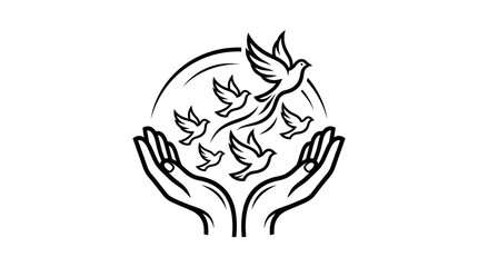 Fototapeta premium A minimalist line drawing of two hands releasing several birds into flight within a circular outline on a white background.
