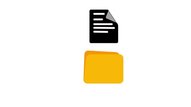 Simple black document with lines and a folded corner positioned above two stacked orange folders on a clean white background representing file management or data organization
