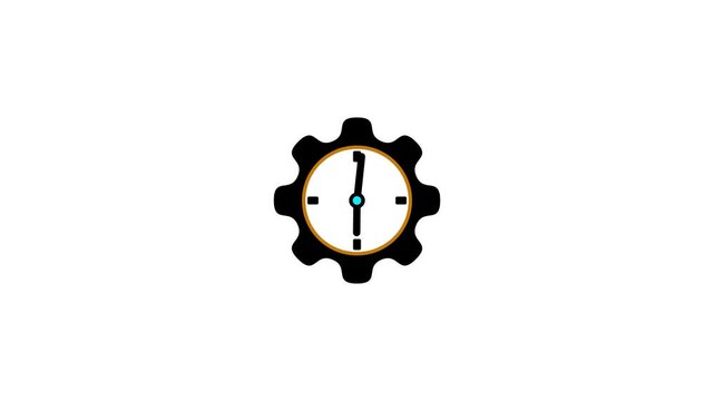 Stylized clock face with gear teeth and orange rim on a white background representing time management, efficiency, and mechanical operations