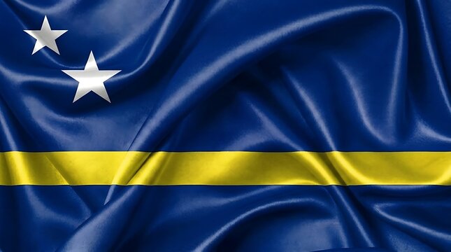 Waving national flag of Cura&ccedil;ao with blue sky and yellow stripe in windy motion