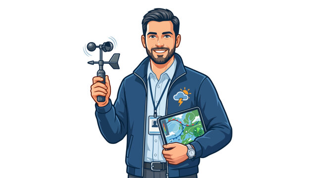 Illustration of a man holding a weather anemometer and a tablet with a map in a cartoon style against a clean white background.
