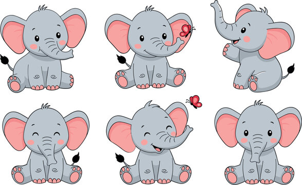 Cute Baby Elephant Cartoon Character Set with Butterfly and Different Poses Adorable Animal Illustration for Kids Nursery and Children DesignCute Baby Elephant Cartoon Character Set with Butterf