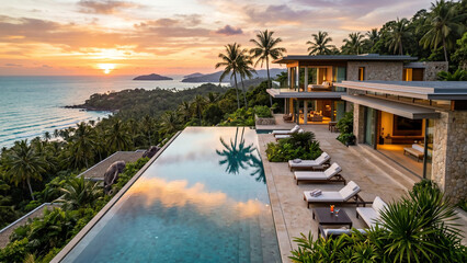 Fototapeta premium Infinity pool overlooking tropical ocean at sunset with modern luxury villa and palm trees