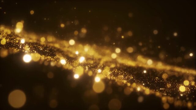Golden shimmering particles float across a dark background with soft bokeh circles. This abstract footage is ideal for luxury brand videos, award ceremonies