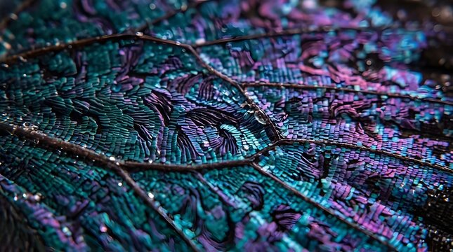 Iridescent close-up of insect wing with intricate patterns and vibrant colors, abstract background texture