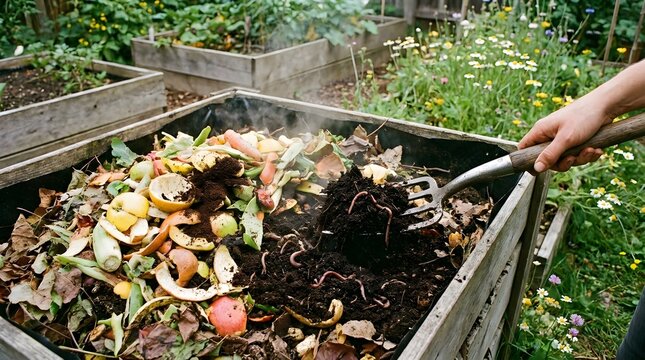Composting organic waste in a garden bin.