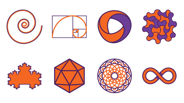 Set of geometric shapes and mathematical symbols, including a spiral, golden ratio, Mobius strip, tessellation, fractal, icosahedron, mandala, and infinity sign.