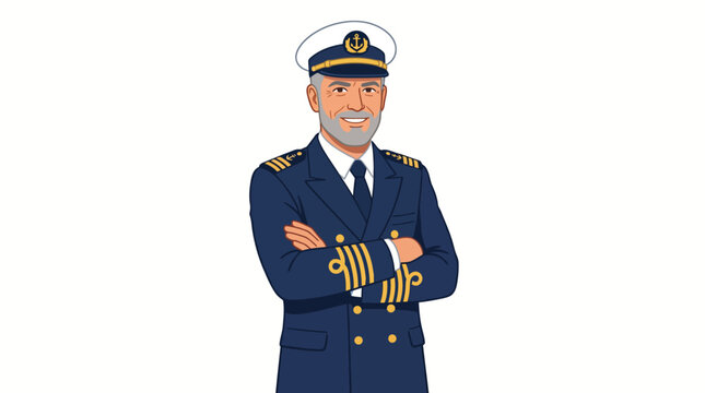 Illustration of a middle-aged man in a navy uniform with gold accents and a white captain's hat standing with arms crossed on a plain white background.