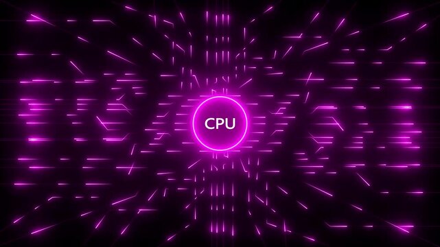 Central glowing purple circle with the letters CPU inside, surrounded by a network of purple glowing lines radiating outwards against a black background, symbolizing central processing unit and its