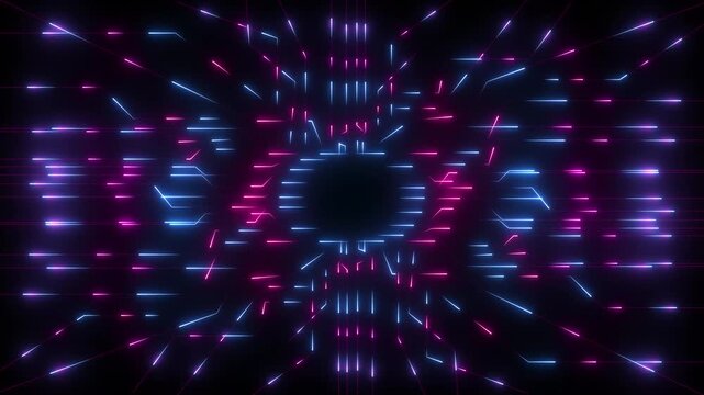 Abstract digital network of glowing blue and pink lines radiating from a central dark void creating a symmetrical futuristic technological pattern against a black background symbolizing data
