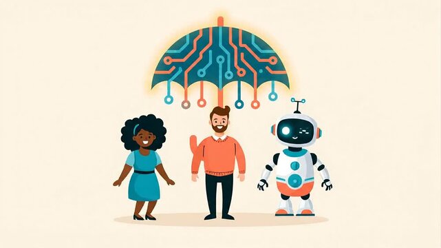 A man and woman standing under an artificial umbrella with a robot ensuring ethics and compliance