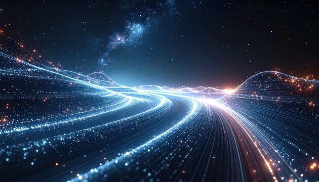 Glowing blue & orange streams flow across a dark, starry cosmos, creating a visual data highway