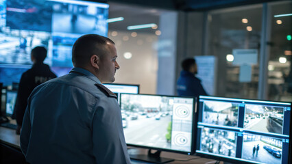 Fototapeta premium Security officer monitoring multiple surveillance screens in control room, focused on urban street scenes and public safety