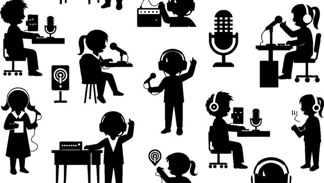 Diverse cartoon characters engaging in audio and tech activities.