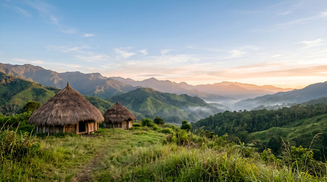 Horizontal Honai village banner with mountain haze and copy space for tourism campaigns, website headers, and cultural presentations.