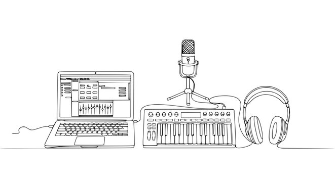 Home recording studio setup: laptop, midi keyboard, microphone, headphones, digital audio workstation