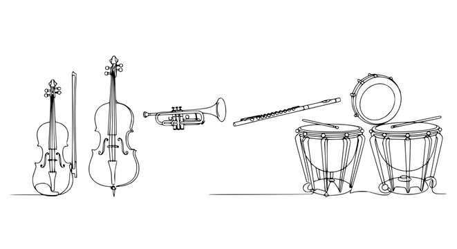 Orchestral Instruments Line Art: Violin, Cello, Trumpet, Flute, Drums