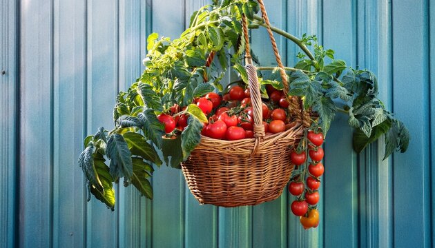 hanging basket of cherry tomatoes overflowing with ripening fruit and foliage