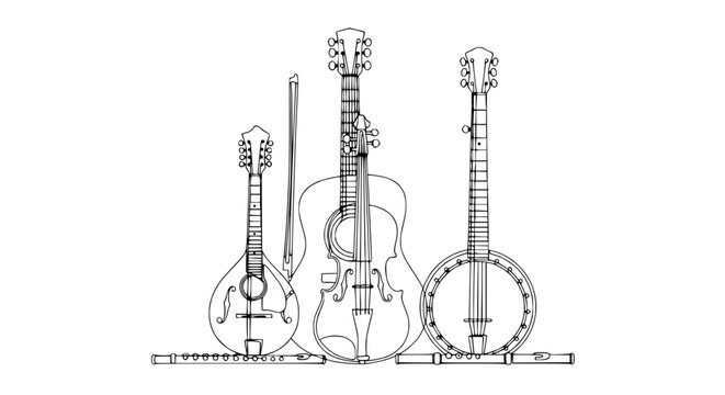 Collection of String and Wind Instruments, Hand-Drawn Sketch Style