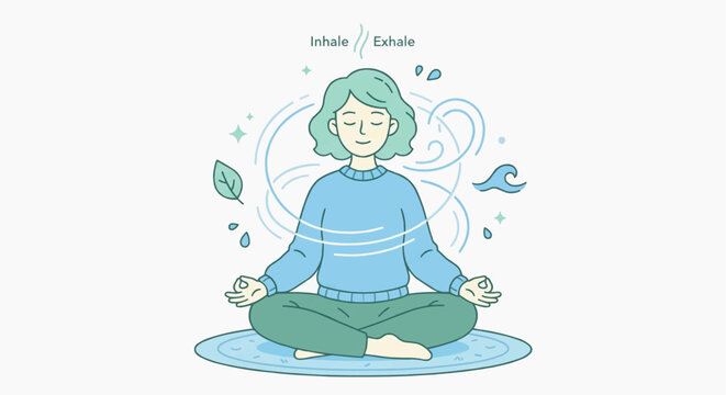 Person Practicing Deep Breathing Exercise for Stress Relief Flat Vector Illustration, Relaxation and Mental Wellness Concept
