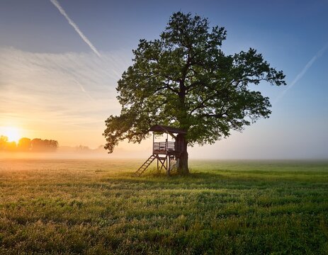 panorama view of lonely tree in a foggy farm field in the morning haze by sunrise a ledder and hide for hunters up in deciduous tree for hunting or observing a oak tree in field with sunrise sky