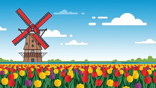 Tulip field with windmill in Netherlands.