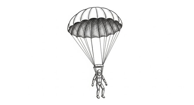 Black and white illustration of person parachuting gracefully.
