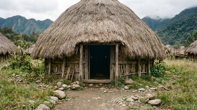 Ground-level view of a Honai entrance with earthen foreground and natural textures. Great for architecture, heritage, and travel visuals.