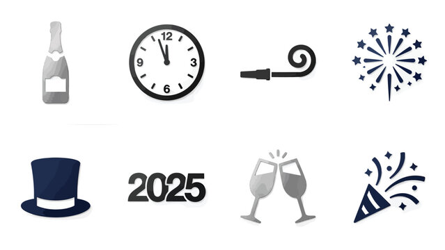 New Year's Eve 2025 celebration icons with champagne, clock, party horn, fireworks, top hat, and confetti popper.