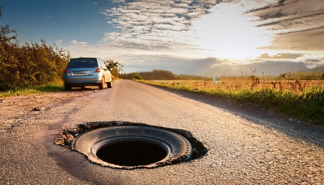 large pothole on rural road with car tire nearby