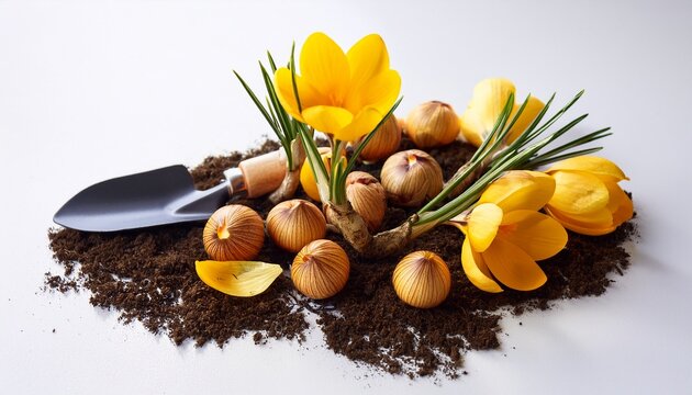 yellow crocus bulbs and blossoms with garden trowel and soil on white background